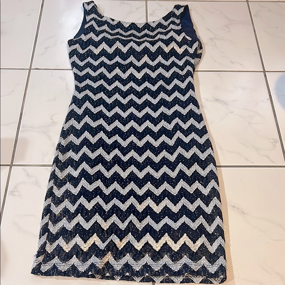 Navy and White Chevron Sparkle  Dress XS